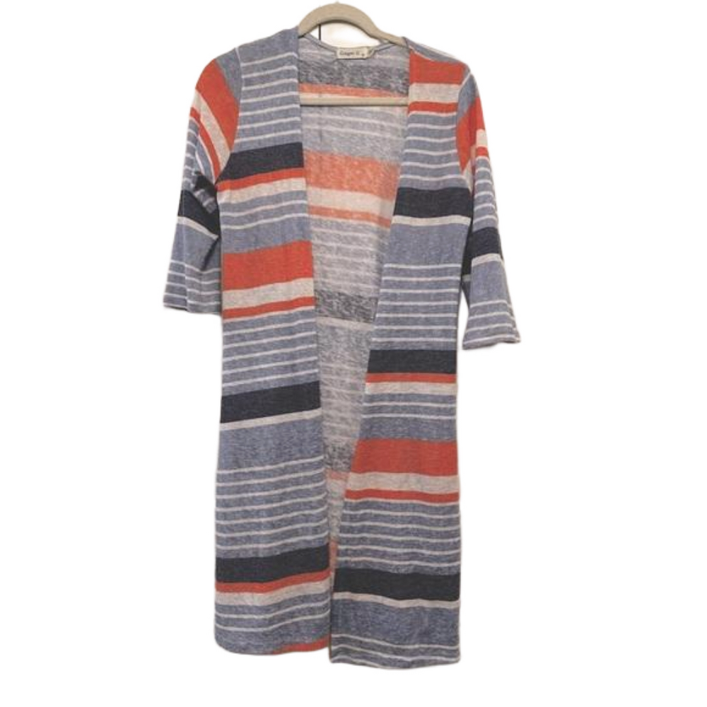 Ginger duster, sweater light blue, orange, white & dark blues